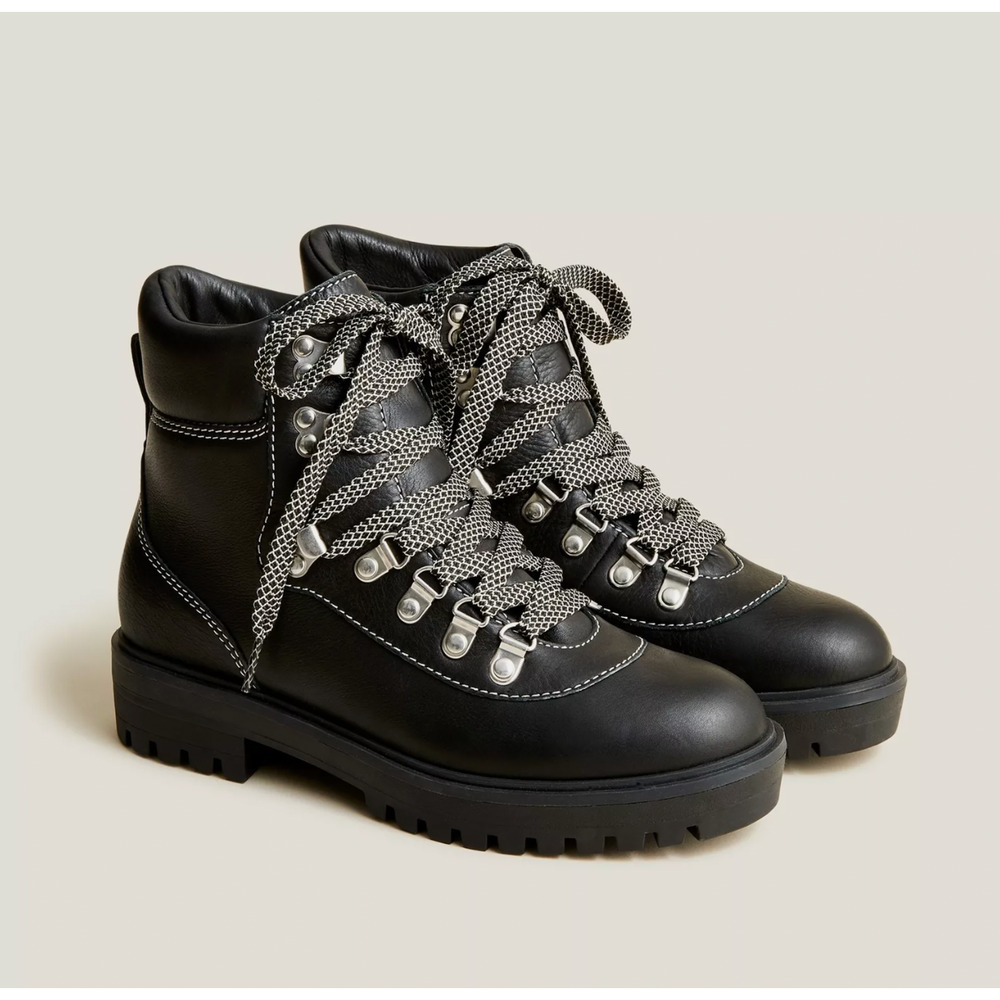 J. Crew Black Leather Lace-Up Lug Sole Ankle Boots - Picture 1 of 10